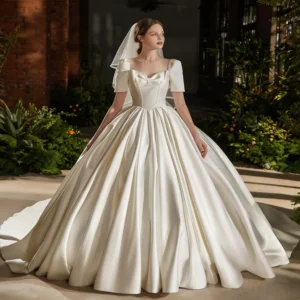 Timeless Satin Ball Gown Wedding Dress with Short Sleeves & Bow Accent