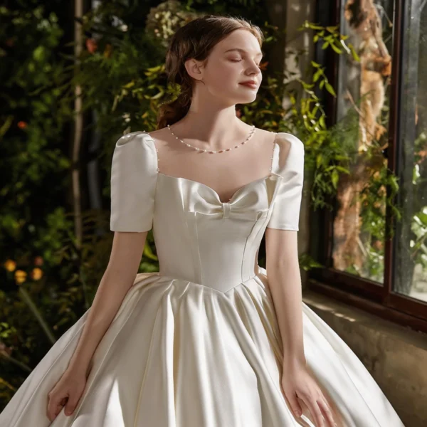 Timeless Satin Ball Gown Wedding Dress with Short Sleeves & Bow Accent