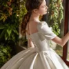Timeless Satin Ball Gown Wedding Dress with Short Sleeves & Bow Accent