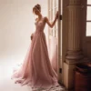 Blush Pink Chiffon Wedding Dress with Beaded Corset Bodice
