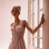 Blush Pink Chiffon Wedding Dress with Beaded Corset Bodice