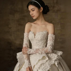 Glamorous Satin Wedding Dress with Lace Overlay Sleeves and Peplum Waist