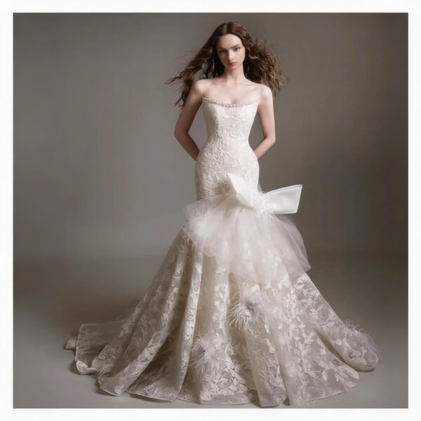 Modern Lace Mermaid Bridal Gown with Sweetheart Neckline and Bow
