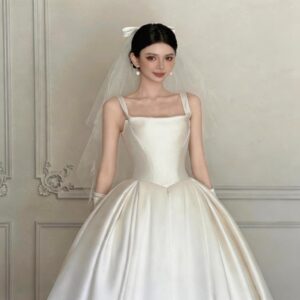 White Satin Ball Gown Wedding Dress with Square Neck, Bow Back & Long Train