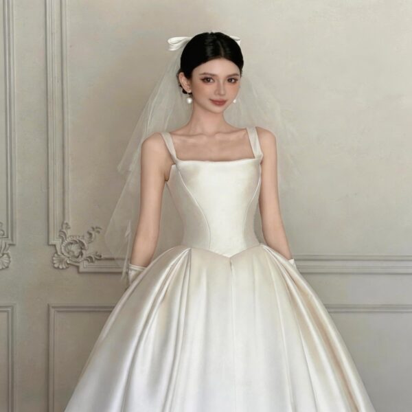 White Satin Ball Gown Wedding Dress with Square Neck, Bow Back & Long Train