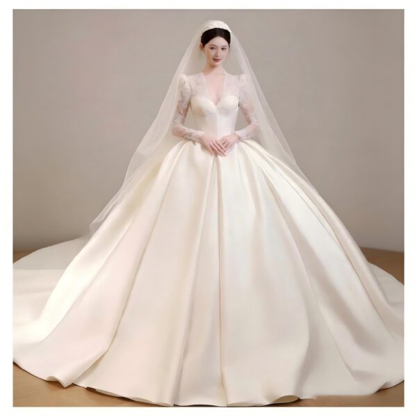 Modest Satin Ball Gown Wedding Dress with Long Lace Sleeves V-Neck Bridal Gown with Train