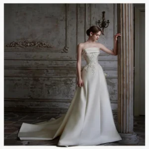 Timeless Satin A-Line Bridal Gown | Strapless Neckline with Delicate Lace Appliques