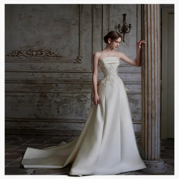 Timeless Satin A-Line Bridal Gown | Strapless Neckline with Delicate Lace Appliques