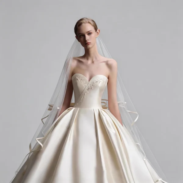 Timeless Satin A-Line Bridal Gown | Strapless Neckline with Delicate Lace Appliques