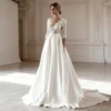 Lace & Satin A-Line Bridal Dress | Deep V-Neck with Three-Quarter Sleeves