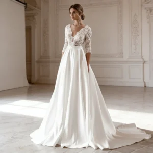 Lace & Satin A-Line Bridal Dress | Deep V-Neck with Three-Quarter Sleeves