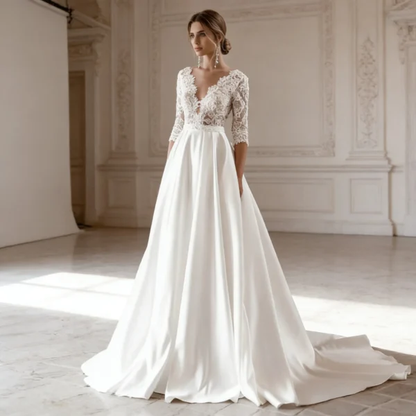 Lace & Satin A-Line Bridal Dress | Deep V-Neck with Three-Quarter Sleeves