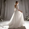 Lace & Satin A-Line Bridal Dress | Deep V-Neck with Three-Quarter Sleeves