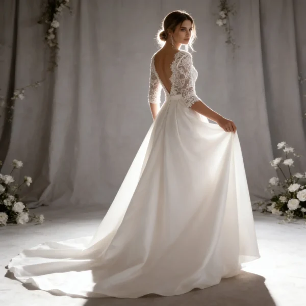 Lace & Satin A-Line Bridal Dress | Deep V-Neck with Three-Quarter Sleeves