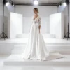 Lace & Satin A-Line Bridal Dress | Deep V-Neck with Three-Quarter Sleeves