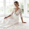 Lace & Satin A-Line Bridal Dress | Deep V-Neck with Three-Quarter Sleeves