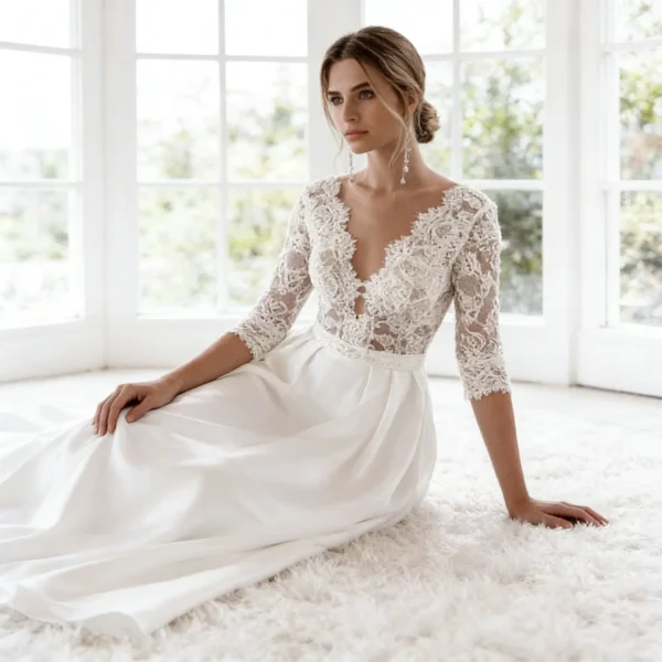 Lace & Satin A-Line Bridal Dress | Deep V-Neck with Three-Quarter Sleeves