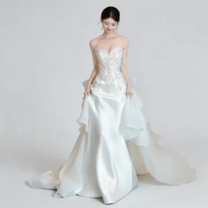 Strapless Beaded Lace Mermaid Wedding Dress with Ruffle Train