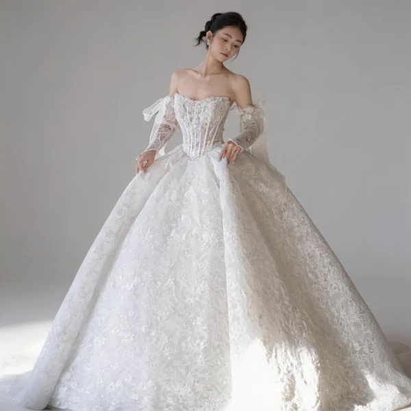 Off-the-Shoulder Corset Lace Ball Gown Wedding Dress with Bows