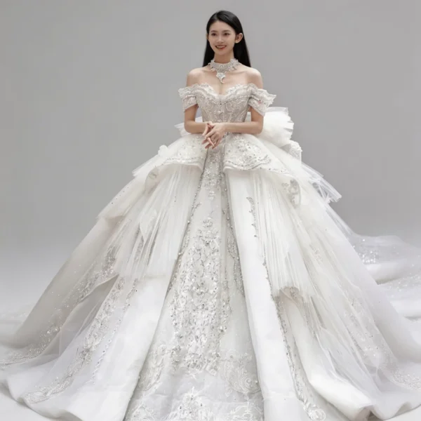 Off-the-Shoulder Crystal Beaded Ball Gown Wedding Dress with Ruffles