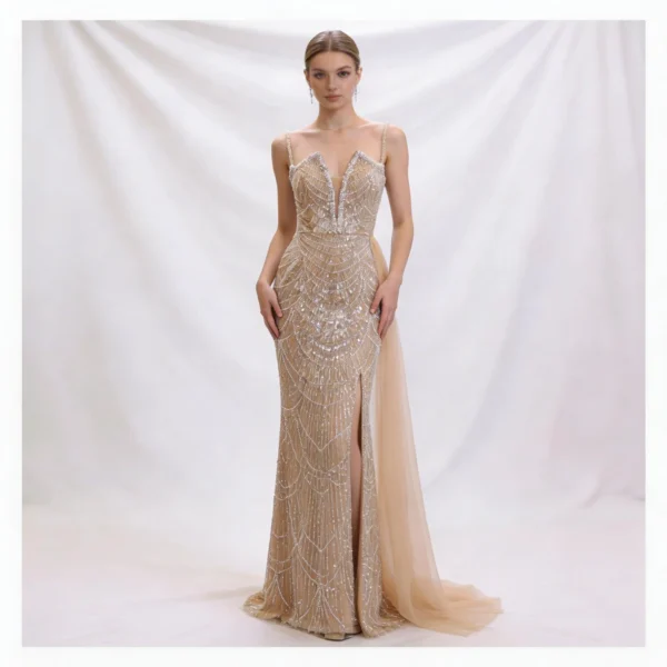 Champagne Beaded Evening Gown - Mermaid Formal Dress with Slit