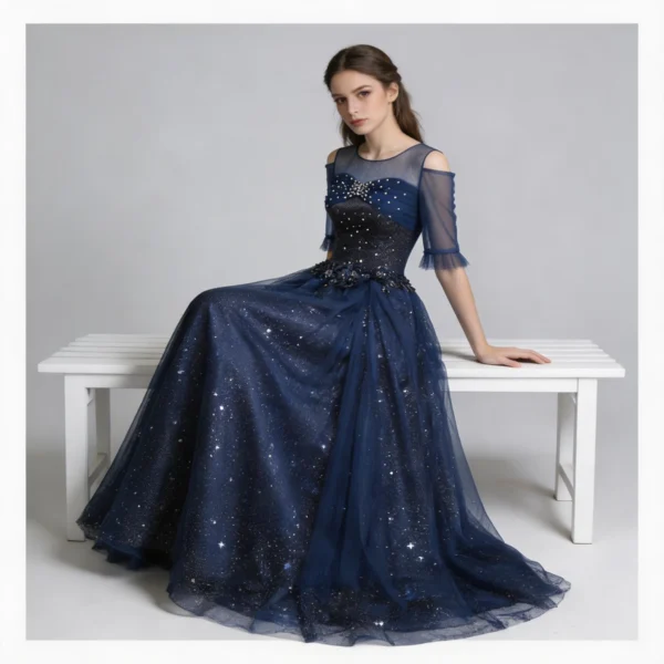 Midnight Blue Glitter Ball Gown with 3D Floral Accents