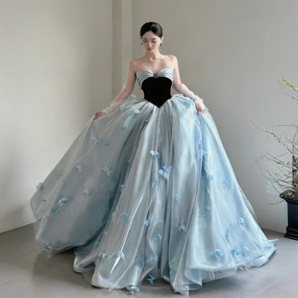 Strapless 3D Butterfly Blue Ball Gown with Black Bodice