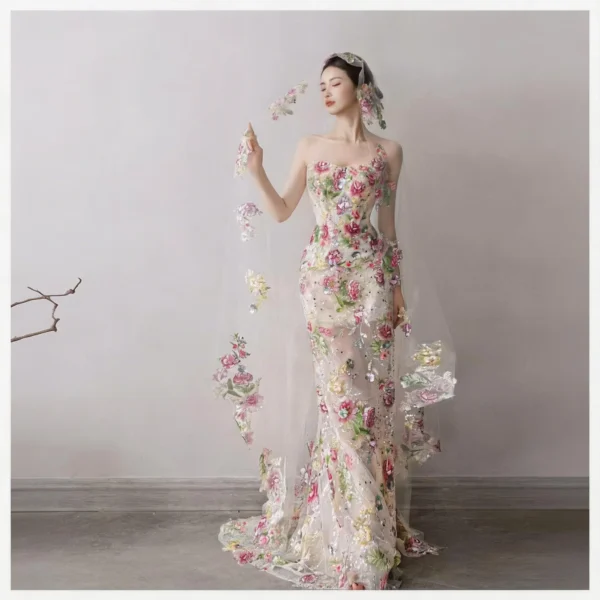 Strapless 3D Floral Mermaid Wedding Dress with Tulle Train