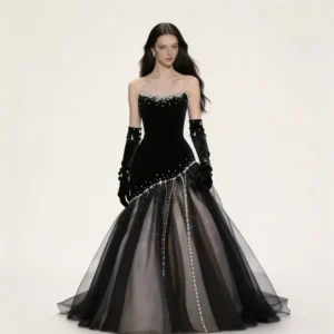 Strapless Black Velvet Ball Gown with Pearl Beading