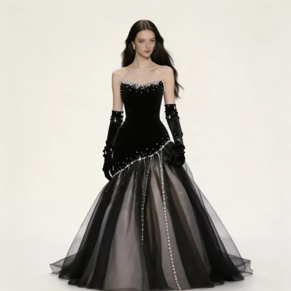 Strapless Black Velvet Ball Gown with Pearl Beading