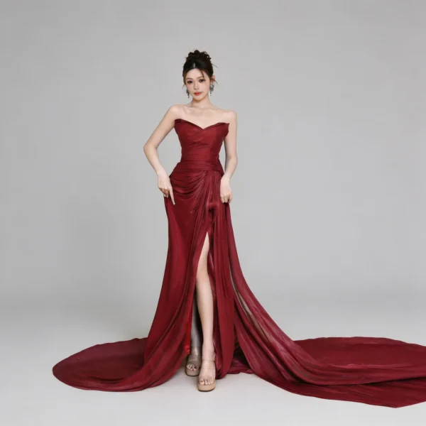 Strapless Burgundy Draped Mermaid Evening Dress with Train