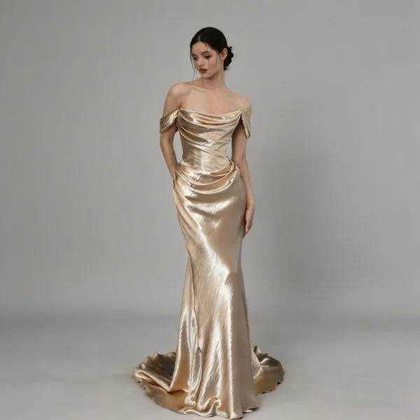 Off-the-Shoulder Champagne Metallic Mermaid Evening Dress with Draped Details