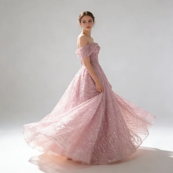 Pink Off-the-Shoulder Shimmer Ball Gown Evening Dress
