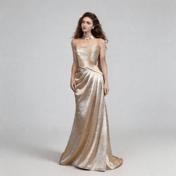 Champagne Satin Cowl Neck Mermaid Evening Dress