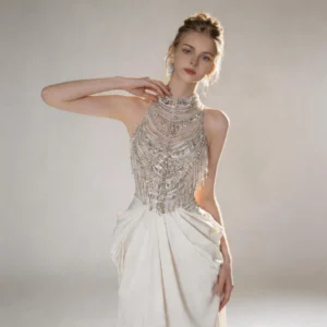 Ivory High Neck Beaded Mermaid Evening Dress