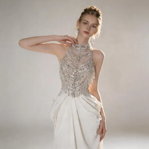 Ivory High Neck Beaded Mermaid Evening Dress