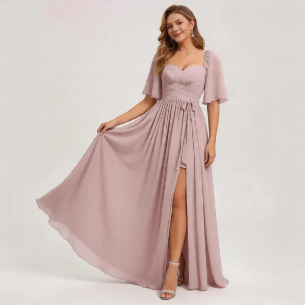 Dusty Rose Bridesmaid Dress - Sweetheart Neck Chiffon Gown with Flounce Sleeves and Slit