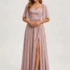 Dusty Rose Bridesmaid Dress - Sweetheart Neck Chiffon Gown with Flounce Sleeves and Slit
