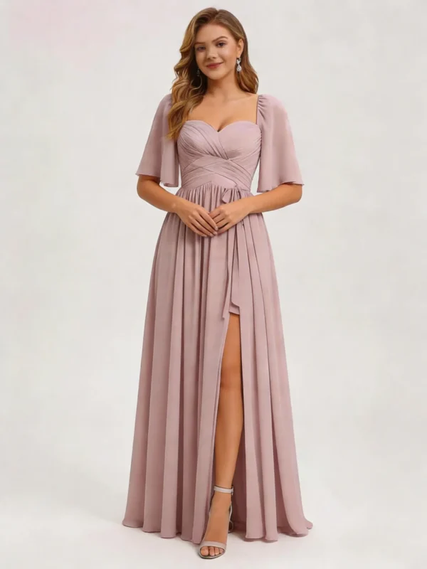 Dusty Rose Bridesmaid Dress - Sweetheart Neck Chiffon Gown with Flounce Sleeves and Slit