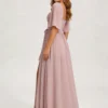 Dusty Rose Bridesmaid Dress - Sweetheart Neck Chiffon Gown with Flounce Sleeves and Slit