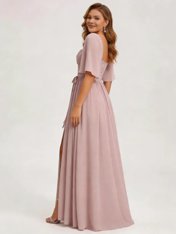 Dusty Rose Bridesmaid Dress - Sweetheart Neck Chiffon Gown with Flounce Sleeves and Slit