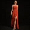 Rust One-Shoulder Chiffon Evening Dress with Slit