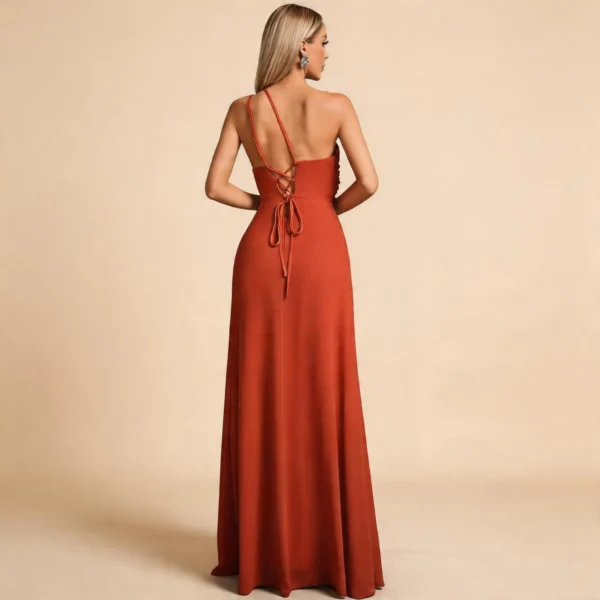 Rust One-Shoulder Chiffon Evening Dress with Slit
