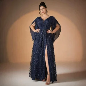 Navy Floral Tulle Evening Dress with Cape Sleeves