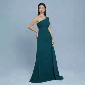 Emerald Green One-Shoulder Satin Evening Dress
