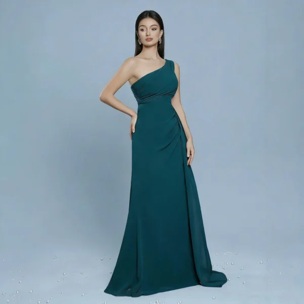 Emerald Green One-Shoulder Satin Evening Dress
