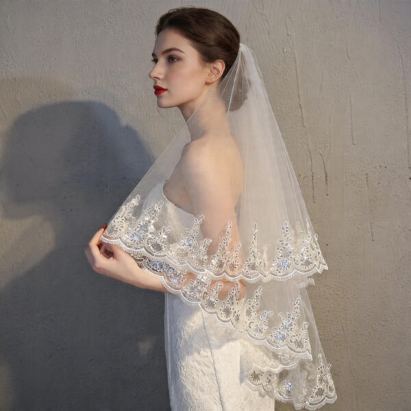 Sequin Lace Trim Fingertip Wedding Veil, Two-Tier Tulle with Blusher