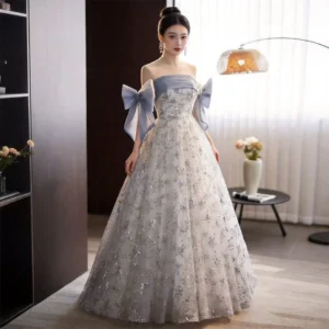 Blue Tulle Off-the-Shoulder Evening Dress with 3D Floral Appliqués & Gold Lurex