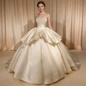Classic Ballgown Wedding Dress | Ivory Satin Strapless Bridal Gown with Structured Bodice