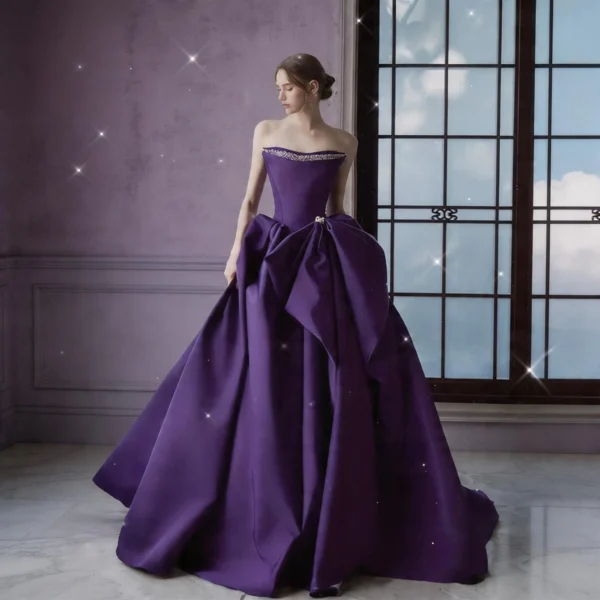 Purple Satin Evening Dress | Strapless Formal Gown